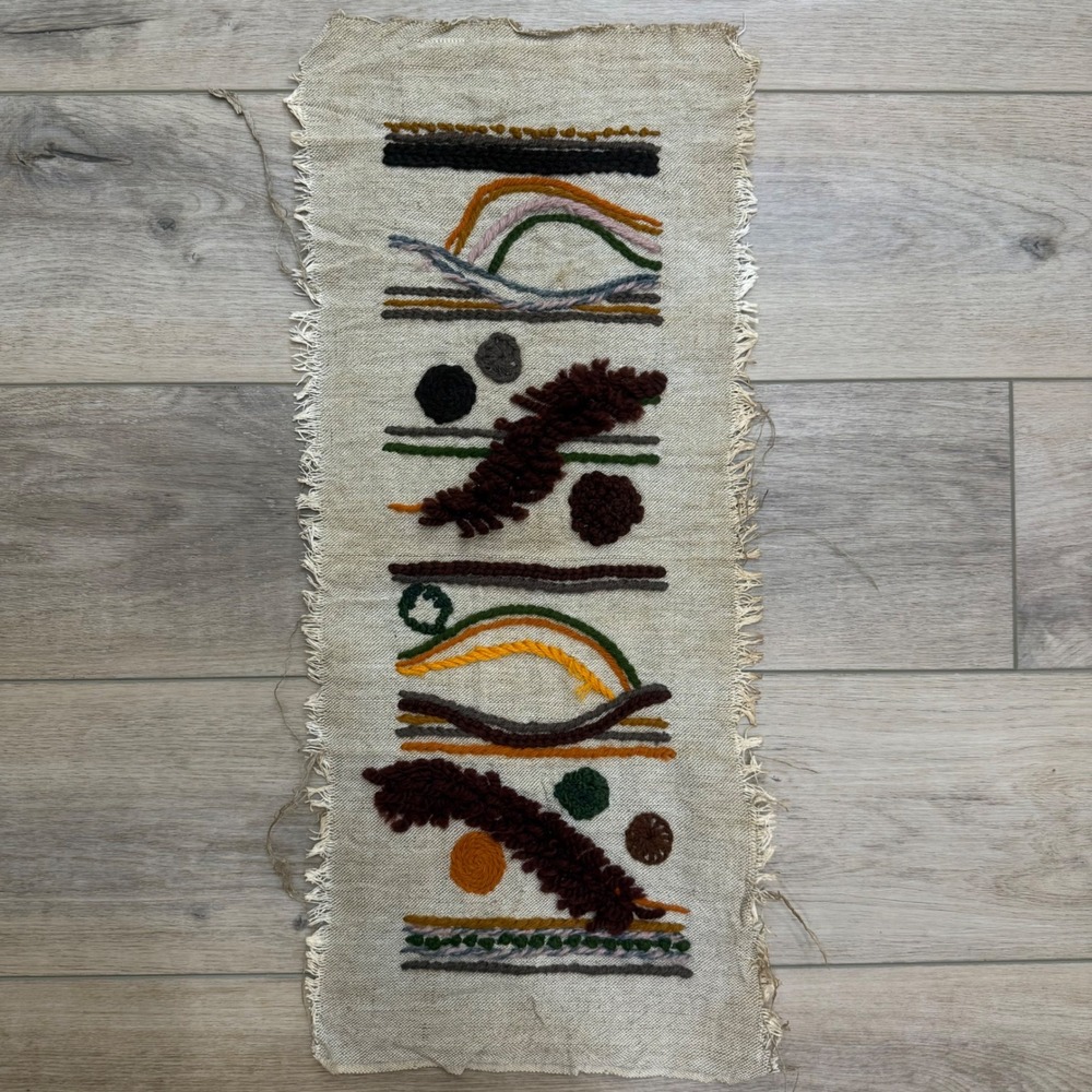 Vintage Mid Century Crewel Embroidery Abstract‎ Geometric Wool Fiber Art 26x9.5